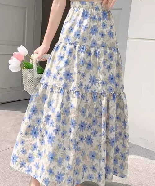 SHOUYO(ショウヨウ)の「花柄ティアードロングスカート/ブルー・ピンク(スカート・レディース・ブルー/ピンク・M)」の5枚目の写真