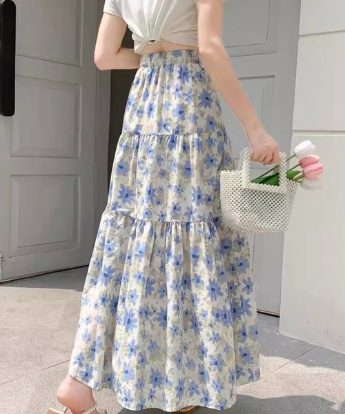 SHOUYO(ショウヨウ)の「花柄ティアードロングスカート/ブルー・ピンク(スカート・レディース・ブルー/ピンク・M)」の4枚目の写真