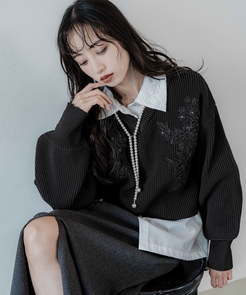 HARE（ハレ）の「レースパーツVネックニット(HARE)（ニット/セーター・レディース・ボルドー/ブラック・FREE）」の6枚目の写真