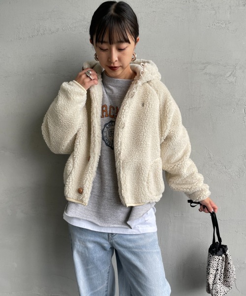 GYMPHLEX（ジムフレックス）の「[GYMPHLEX/ジムフレックス] ショート丈 ボアフードパーカー（ブルゾン・レディース・グレー/オフホワイト/ネイビー・14）」の10枚目の写真