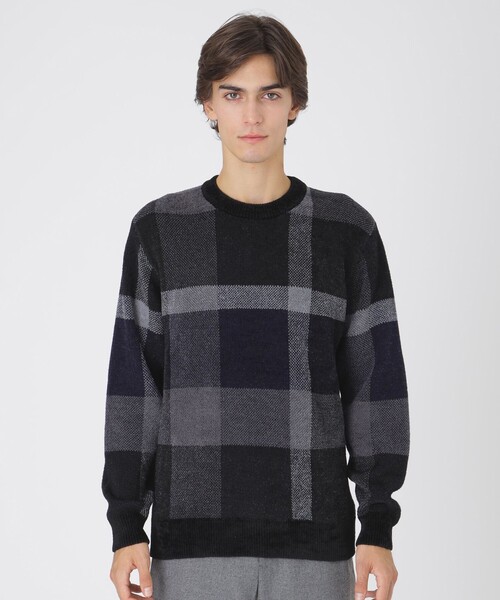 となりのさっちゃんused クレストブリッジチェックシャギニットLLグレ紺 セール】フェザークレストブリッジチェックニット（ニット/セーター