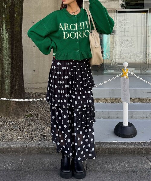 CIAOPANIC（チャオパニック）の「シャギー配色ロゴフリルニットカーディガン（カーディガン/ボレロ・レディース・イエロー/ネイビー/ブラウン/グリーン/グレー/ホワイト・ONE SIZE）」の15枚目の写真