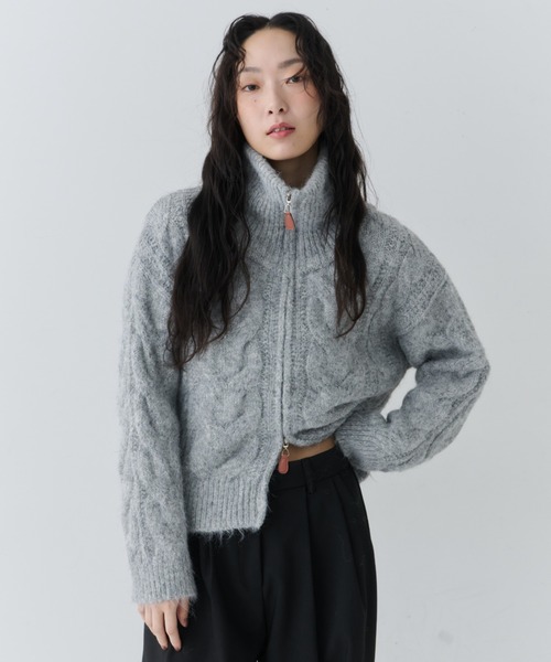 セール】Cable Zip High Neck Knit / ケーブルジップハイネックニット