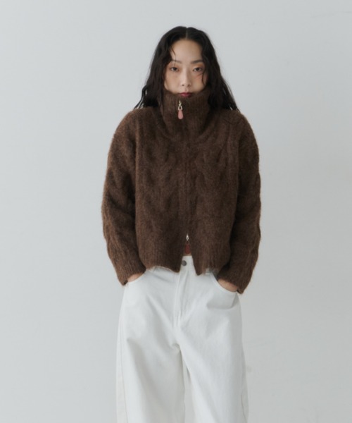 セール】Cable Zip High Neck Knit / ケーブルジップハイネックニット