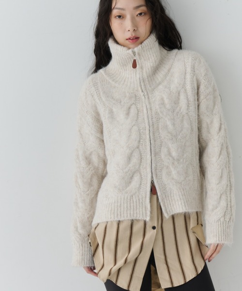 セール】Cable Zip High Neck Knit / ケーブルジップハイネックニット