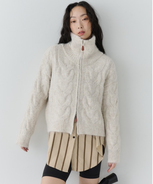 セール】Cable Zip High Neck Knit / ケーブルジップハイネックニット