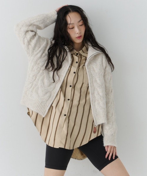 セール】Cable Zip High Neck Knit / ケーブルジップハイネックニット