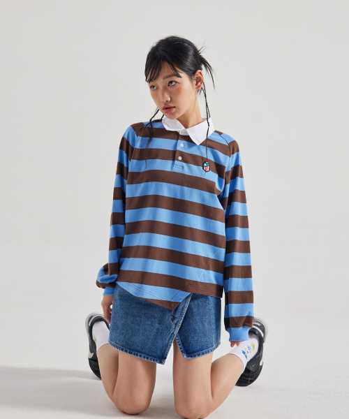 OWURA(オウラ)の「アンバランスラグビーTシャツ_ブルーブラウン(Tシャツ/カットソー・レディース・その他・1/2)」の1枚目の写真