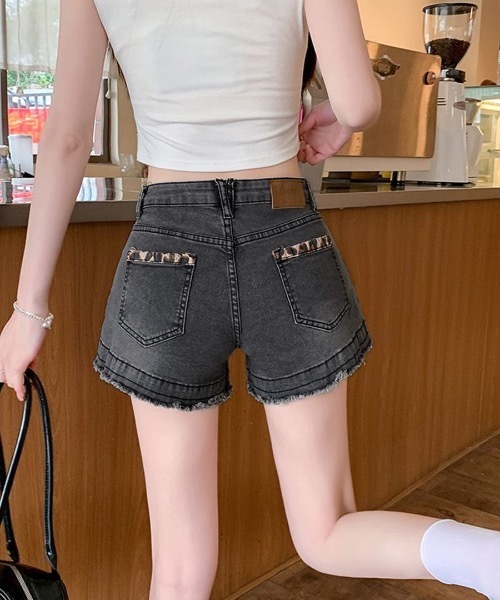 セール】折り返しヒョウ柄デニムショートパンツ（デニムパンツ）｜Riff