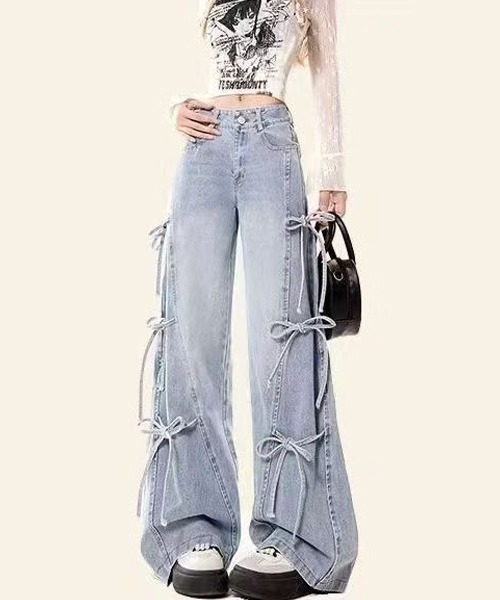 Ressaca(レサーカ)の「サイドリボンワイドデニムパンツ(デニムパンツ・レディース・ブルー・M/S/L)」の2枚目の写真
