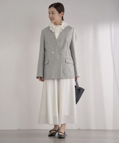 IENA(イエナ)の「&NAVY ツィーディーダブルジャケット(ノーカラージャケット・レディース・ベージュ/ネイビー・36/38)」の3枚目の写真