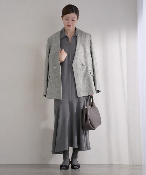 IENA(イエナ)の「&NAVY ツィーディーダブルジャケット(ノーカラー IENA(イエナ)の「&NAVY ツィーディーダブルジャケット(ノーカラー