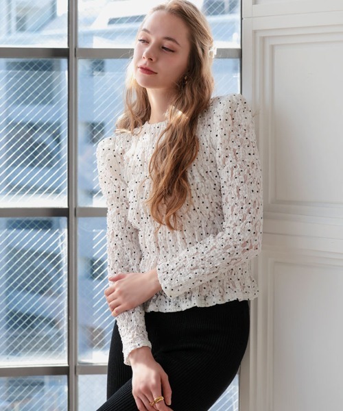 DONOBAN（ドノバン）の「パフショルダーレースロングスリーブ（Tシャツ/カットソー・レディース・ホワイト/ブラック・ONE SIZE）」の3枚目の写真