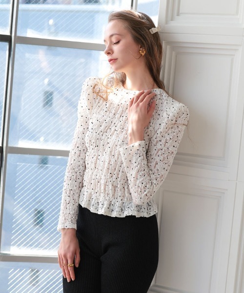 DONOBAN（ドノバン）の「パフショルダーレースロングスリーブ（Tシャツ/カットソー・レディース・ホワイト/ブラック・ONE SIZE）」の5枚目の写真