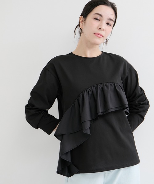 le cercle ADAM ET ROPE'(ルセルクルアダムエロペ)の「シアーフリルアシメコンビプルオーバー(Tシャツ/カットソー・レディース・ブラック/オフホワイト・FREE)」の2枚目の写真