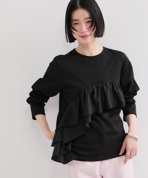 le cercle ADAM ET ROPE'(ルセルクルアダムエロペ)の「シアーフリルアシメコンビプルオーバー(Tシャツ/カットソー・レディース・ブラック/オフホワイト・FREE)」の3枚目の写真
