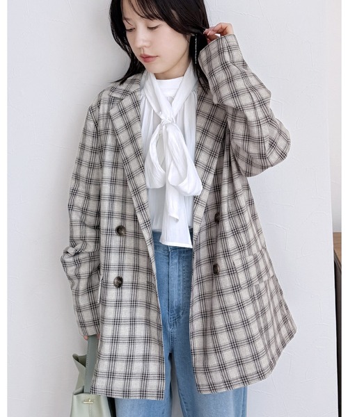 reca(レカ)の「チェック/ダブルテーラードジャケット(テーラードジャケット・レディース・ベージュ/アイボリー/ネイビー/ブラック系その他・FREE)」の1枚目の写真
