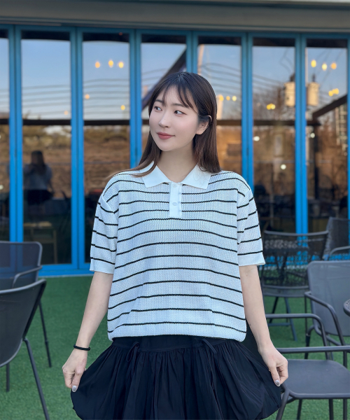 POLYGRAM（ポリグラム）の「テクスチャーストライプカラー半袖ニット - 3COLOR（ポロシャツ・レディース・ブラック/ホワイト/クリーム・MEDIUM/LARGE/X-LARGE）」の21枚目の写真