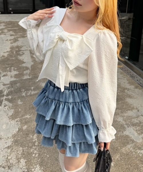 Another Branch olive des olive(アナザーブランチオリーブデオリーブ)の「フロントBIGリボンブラウス(シャツ/ブラウス・レディース・ブルー/オフホワイト/その他11/ネイビー・FREE)」の2枚目の写真