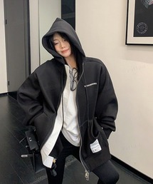 韓国ファッション RICECAKEラベル付きサイドボタンダブルジップフーディー