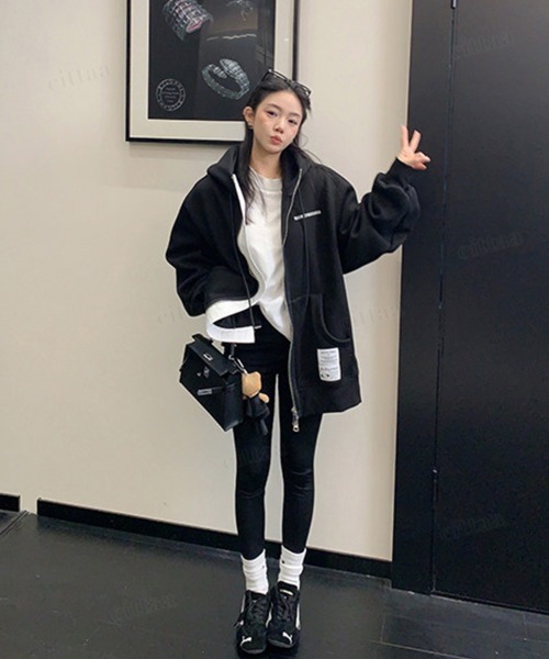 Dalfwin（ダールフィン）の「韓国ファッション RICECAKEラベル付きサイドボタンダブルジップフーディー（パーカー・レディース・ブラック/グレー・FREE）」の7枚目の写真