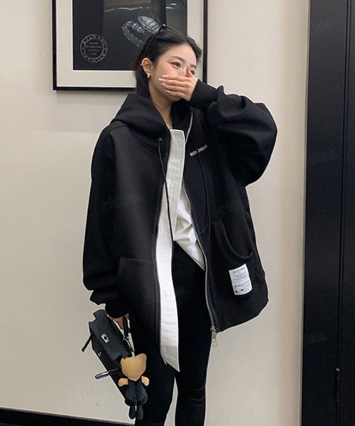 Dalfwin（ダールフィン）の「韓国ファッション RICECAKEラベル付きサイドボタンダブルジップフーディー（パーカー・レディース・ブラック/グレー・FREE）」の4枚目の写真