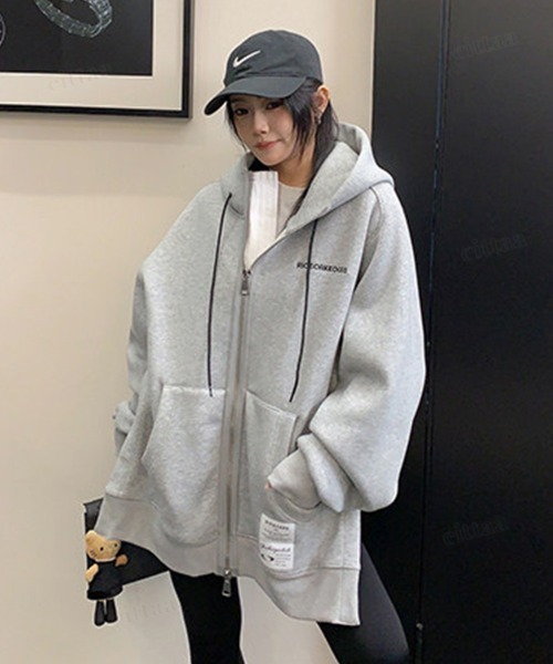 Dalfwin（ダールフィン）の「韓国ファッション RICECAKEラベル付きサイドボタンダブルジップフーディー（パーカー・レディース・ブラック/グレー・FREE）」の10枚目の写真