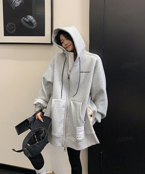 Dalfwin（ダールフィン）の「韓国ファッション RICECAKEラベル付きサイドボタンダブルジップフーディー（パーカー・レディース・ブラック/グレー・FREE）」の12枚目の写真