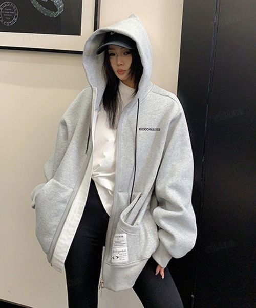 Dalfwin（ダールフィン）の「韓国ファッション RICECAKEラベル付きサイドボタンダブルジップフーディー（パーカー・レディース・ブラック/グレー・FREE）」の11枚目の写真
