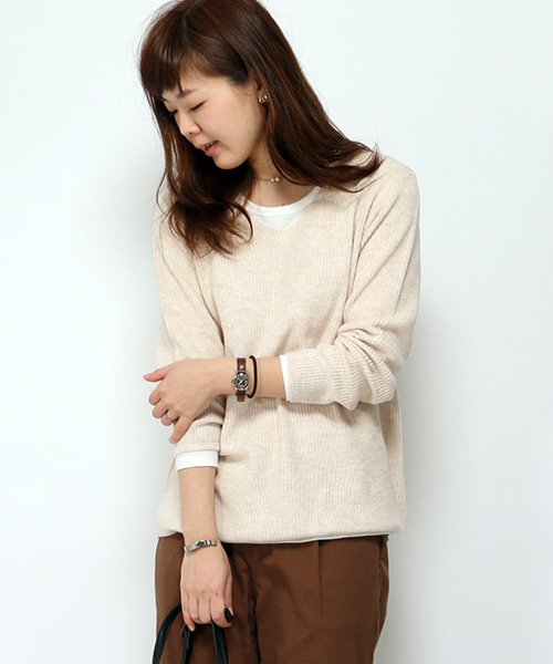 LBC（エルビーシー）の「12G畦Vネックプルオーバー（ニット/セーター・レディース・オレンジ/ベージュ/チャコールグレー/グリーン・MEDIUM/LARGE）」の2枚目の写真