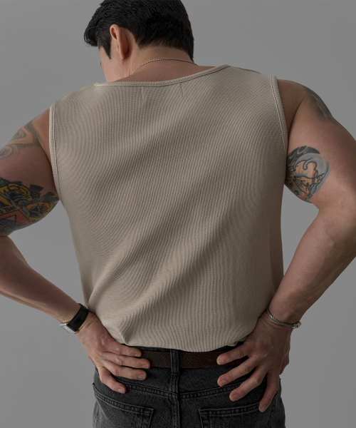 BOWLOW PRODUCT（バウロープロダクト）の「パインワッフルスリーブレス[ベージュ]（Tシャツ/カットソー・メンズ・その他・MEDIUM/LARGE/X-LARGE）」の5枚目の写真