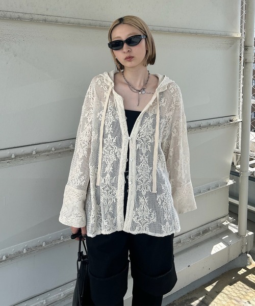 2WAY MESH DAMASK EMBROIDERY HOOD BLOUSE【公式通販】