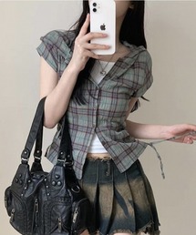 チェック柄フーディー半袖シャツ