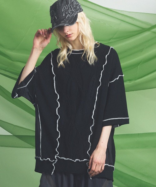 MAISON SPECIAL(メゾンスペシャル)の「《UNISEX》Mixed Materials Docking Prime-Over Lettuce-edge Knit T-shirt/異素材ドッキングプライムオーバーメロウニットTシャツ【MAISON SPECIAL/メゾンスペシャル】(Tシャツ/カットソー・メンズ・ブラック/グレイッシュベージュ・0/1/2)」の1枚目の写真