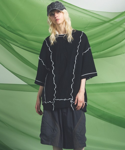MAISON SPECIAL(メゾンスペシャル)の「《UNISEX》Mixed Materials Docking Prime-Over Lettuce-edge Knit T-shirt/異素材ドッキングプライムオーバーメロウニットTシャツ【MAISON SPECIAL/メゾンスペシャル】(Tシャツ/カットソー・メンズ・ブラック/グレイッシュベージュ・0/1/2)」の4枚目の写真