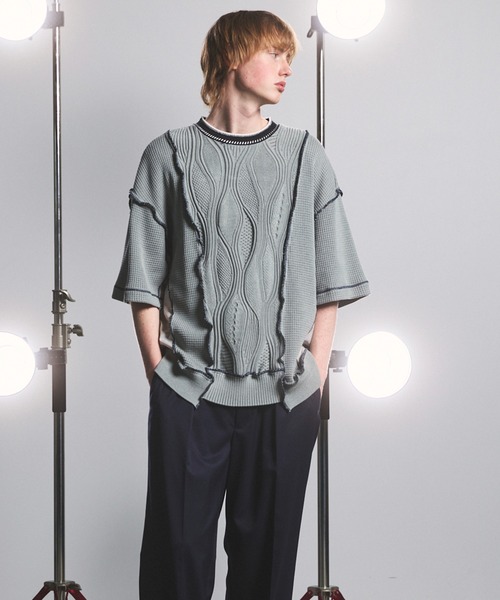 MAISON SPECIAL(メゾンスペシャル)の「《UNISEX》Mixed Materials Docking Prime-Over Lettuce-edge Knit T-shirt/異素材ドッキングプライムオーバーメロウニットTシャツ【MAISON SPECIAL/メゾンスペシャル】(Tシャツ/カットソー・メンズ・ブラック/グレイッシュベージュ・0/1/2)」の15枚目の写真