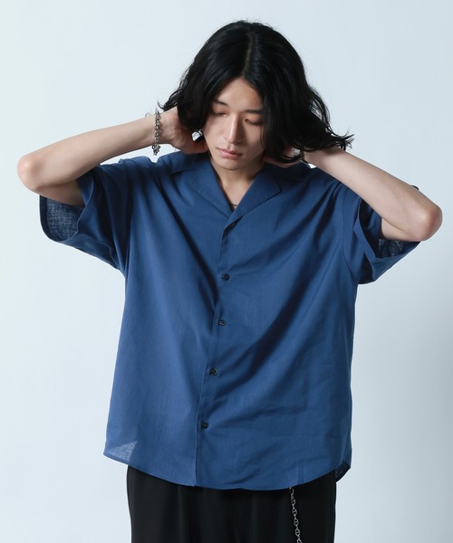 セール】Linen Open Collar Shirt/リネンブレンド/オープンカラー