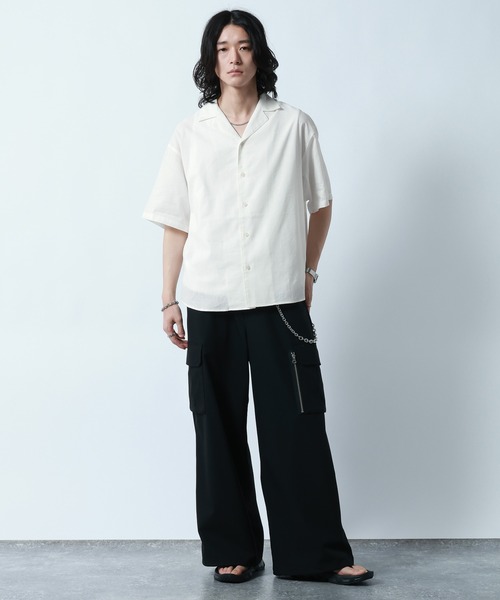 セール】Linen Open Collar Shirt/リネンブレンド/オープンカラー