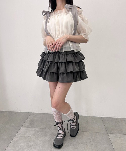 WEGO（ウィゴー）の「ビッグリボンシアー半袖ブラウス（シャツ/ブラウス・レディース・サックスブルー/アイボリー・FREE）」の4枚目の写真