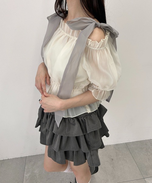 WEGO（ウィゴー）の「ビッグリボンシアー半袖ブラウス（シャツ/ブラウス・レディース・サックスブルー/アイボリー・FREE）」の11枚目の写真