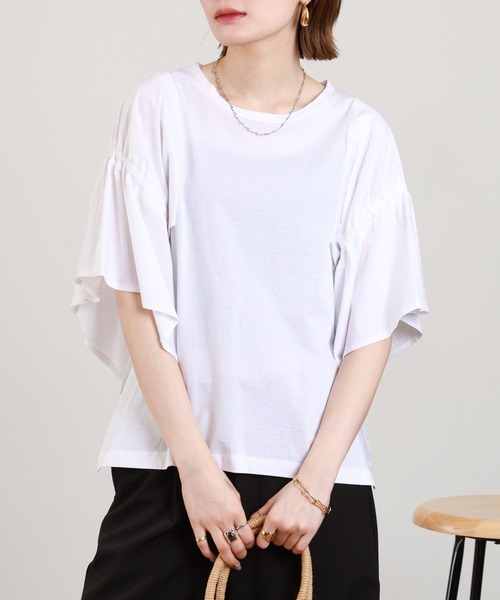 EGLANTINE(エグランティーヌ)の「EGLANTINE フレアスリーブカットソー(Tシャツ/カットソー・レディース・ロイヤルブルー/オフホワイト/ブラック・38)」の6枚目の写真