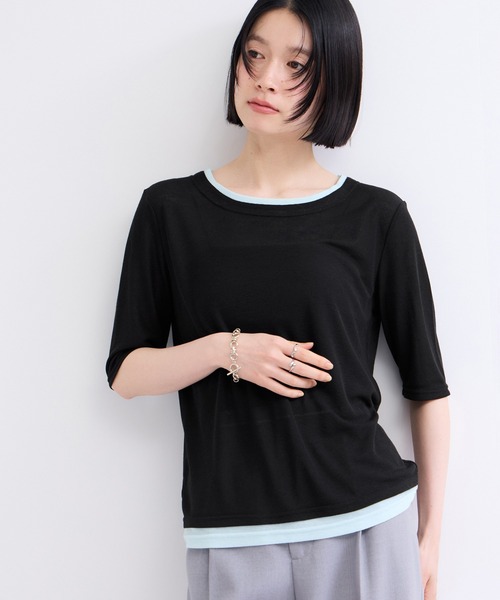 ADAM ET ROPE'(アダムエロペ)の「シアー配色プルオーバー(Tシャツ/カットソー・レディース・ライトグリーン/グレー/ブラック・FREE)」の2枚目の写真