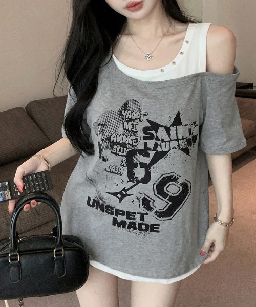 Riff(リフ)の「ワンショルレイヤード風ロゴTシャツ(Tシャツ/カットソー・レディース・ホワイト/グレー・FREE)」の8枚目の写真
