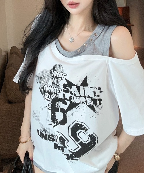 Riff(リフ)の「ワンショルレイヤード風ロゴTシャツ(Tシャツ/カットソー・レディース・ホワイト/グレー・FREE)」の4枚目の写真