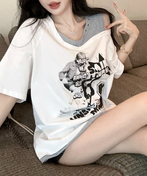 Riff(リフ)の「ワンショルレイヤード風ロゴTシャツ(Tシャツ/カットソー・レディース・ホワイト/グレー・FREE)」の5枚目の写真