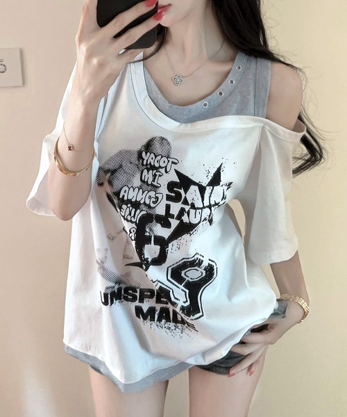 Riff(リフ)の「ワンショルレイヤード風ロゴTシャツ(Tシャツ/カットソー・レディース・ホワイト/グレー・FREE)」の7枚目の写真