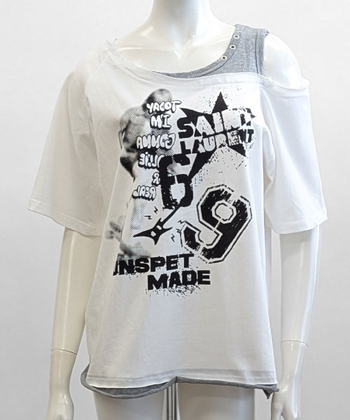 Riff(リフ)の「ワンショルレイヤード風ロゴTシャツ(Tシャツ/カットソー・レディース・ホワイト/グレー・FREE)」の13枚目の写真