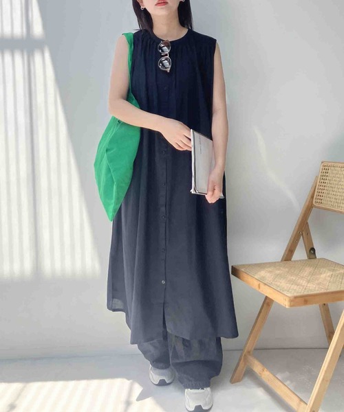 AS KNOW AS plus(アズノゥアズプラス)の「◎ゆったり涼しい インド ノースリーブ前開ギャザーワンピース(ワンピース・レディース・ブラック系/ブルーグリーン/チャコールグレー・FREE)」の19枚目の写真