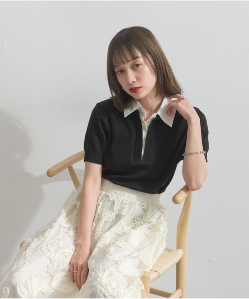 OandI(オーアンドアイ)の「ストライプ襟ポロニット(ポロシャツ・レディース・チャコールグレー/ブラック/ライトグレー・FREE)」の2枚目の写真