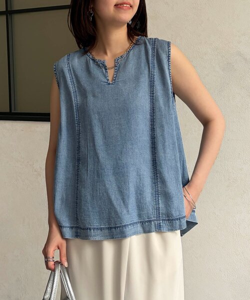 Chez toi(シェトワ)の「パウダー加工デニムノースリブラウス(シャツ/ブラウス・レディース・インディゴブルー/サックスブルー/グレー・FREE)」の22枚目の写真